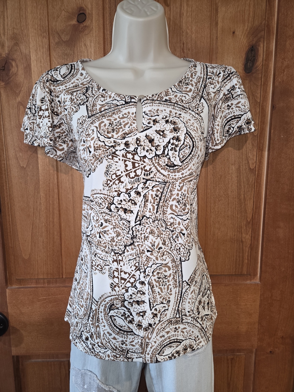 Calvin Klein Brown & White Paisley‎ Keyhole Top